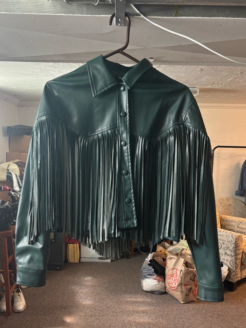 Nasty Gal Dark Green Fringed Faux Leather Jacket